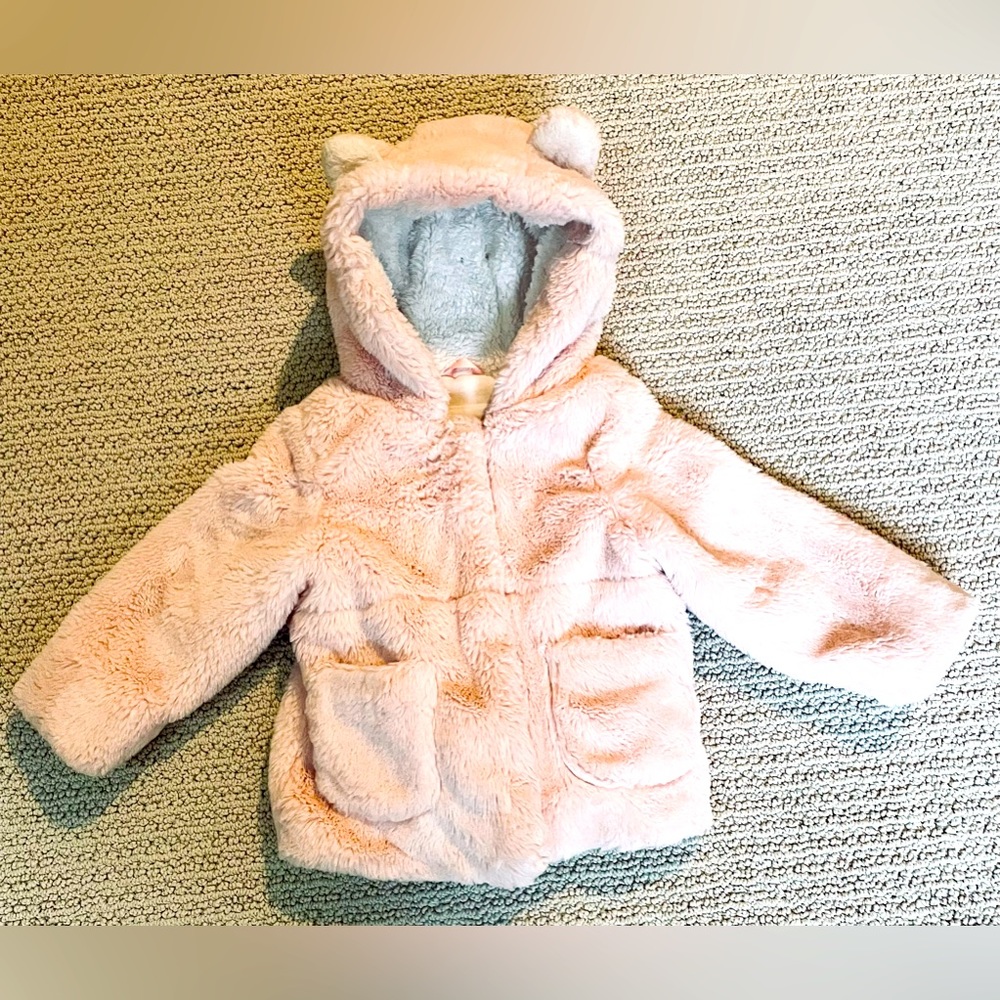 Cat & Jack Girls 3t Cozy Pink Faux Fur Jacket Coat With Hooded Ears!
